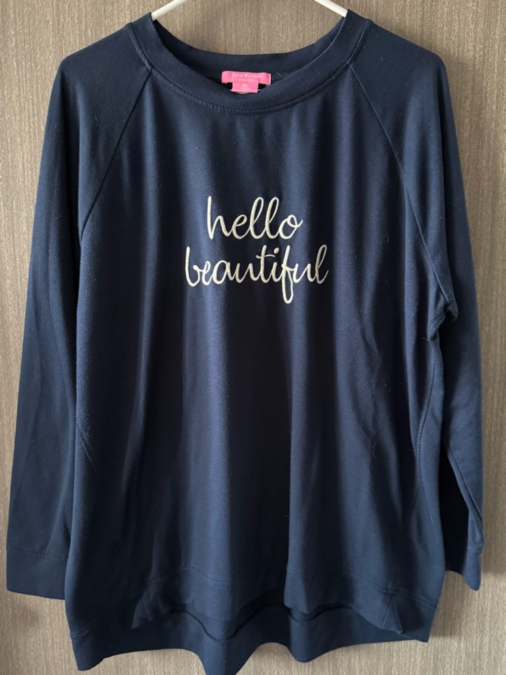 Isaac Mizrahi Navy Sweatshirt with "hello beautiful" Script